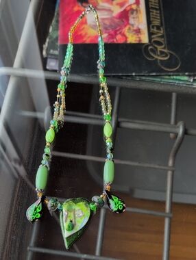 Green Glass Leaf Ladybug Pendant Necklace